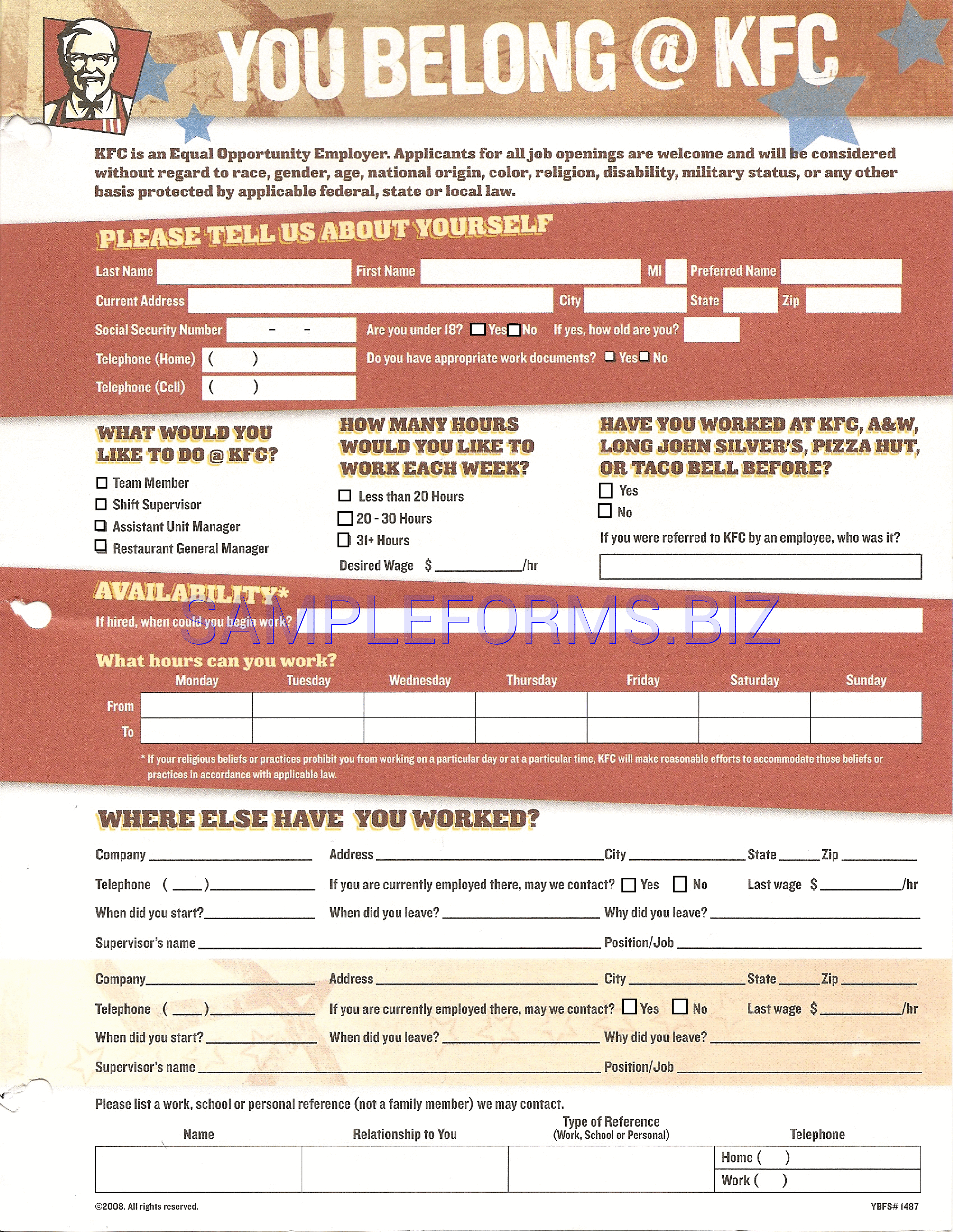 Preview free downloadable KFC Job Application Form (Fillable) in PDF (page 1)