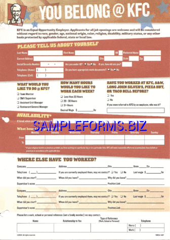 KFC Job Application Form pdf free